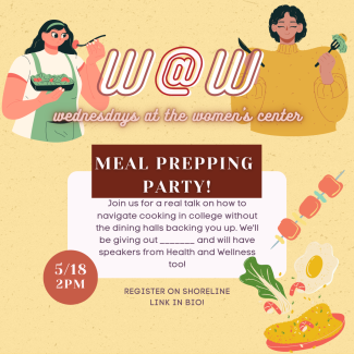 A graphic for meal prepping event that has two people eating and and information about the event