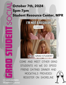 ✨Are you a grad student looking for community? Join us for dinner and mocktails at the Women's Center for a feminist play on speed dating, but for friends! We invite grad students who are people of color, feminists, women, and or queer to come and meet others like you!✨ 2w