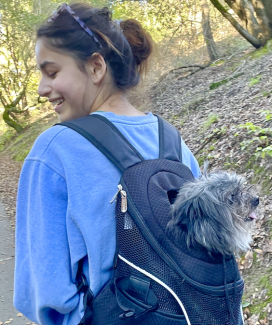 Maha Parsons is the Administrative Coordinator/Social Media Coordinator. She is pictured with her dog and is wearing a light blue sweater. 